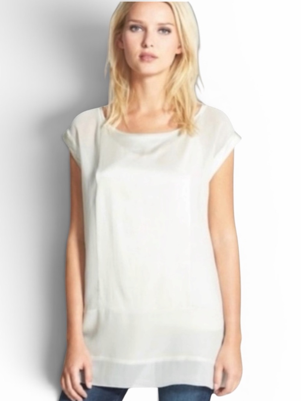 Eileen Fisher Ivory Short Sleeve Silk Blocked Charmeuse Top Size XS